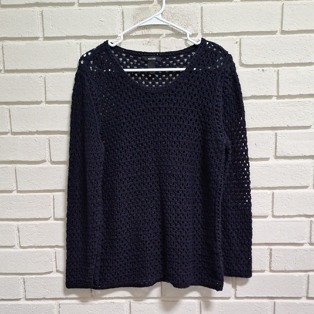 Alfani Navy Crochet Open-Knit Sweater. Size Medium